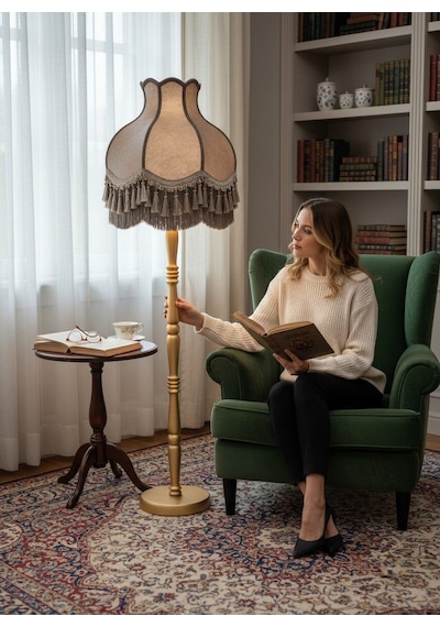 Vizon Kadife Başlık Gold Ahşap Ayaklı Lambader Vintage Model 170x50cm