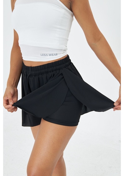Lesa Wear Yüksel Bel Bol Kesim Etek Görünümlü Taytlı Spor Şort Siyah