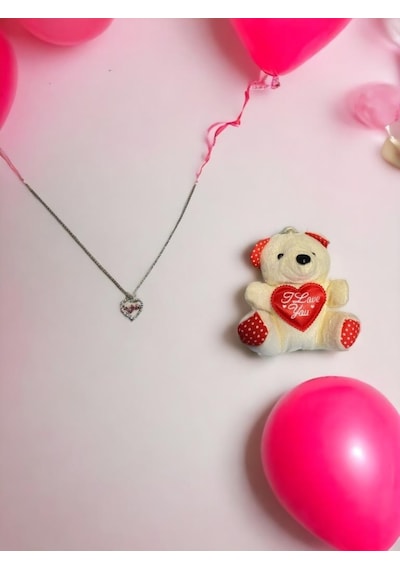 Kadın Kalp Nabız Ritim Gümüş Kaplama Taşlı Kolye Anneler Ve Sevgililer Günü Peluş Ayıcık Hediye Bakır