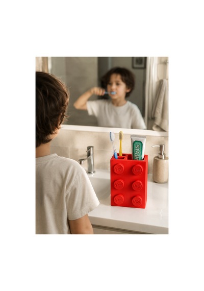 Lego Diş Fırçalığı Çocuk Ve Yetişkinlere Özel Eğlenceli Banyo Düzenleyici Diş Fırça Standı Kırmızı