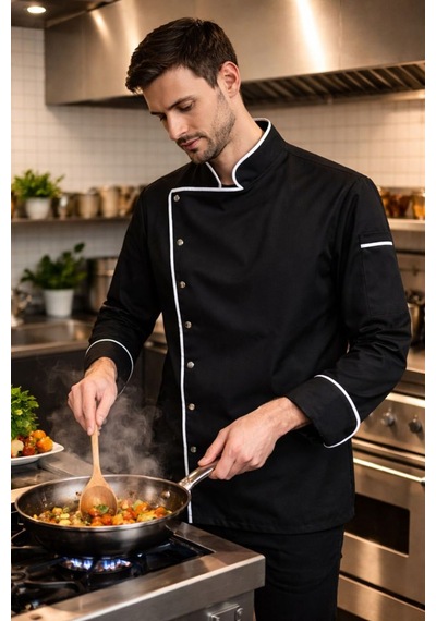 Chef Ceketi Profesyonel Aşçı Üniforması, Aşçı Gömleği Aşçı Forması Nakış Hediyeli Siyah