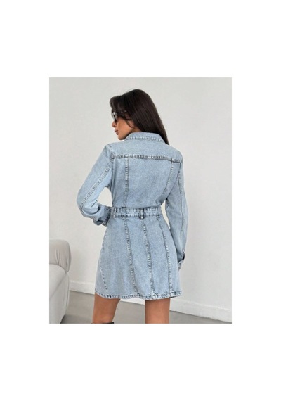 Kene Jeans Ön Pileli Düğme Kapamalı Kot Elbise Buz Kar