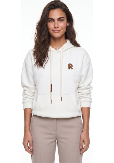 Onloox Kadın Beyaz Beyaz Esnek Şardonlu Kumaş Kapüşonlu Salaş Kesim Nakış İşlemeli Kanguru Cepli Sweatshirt