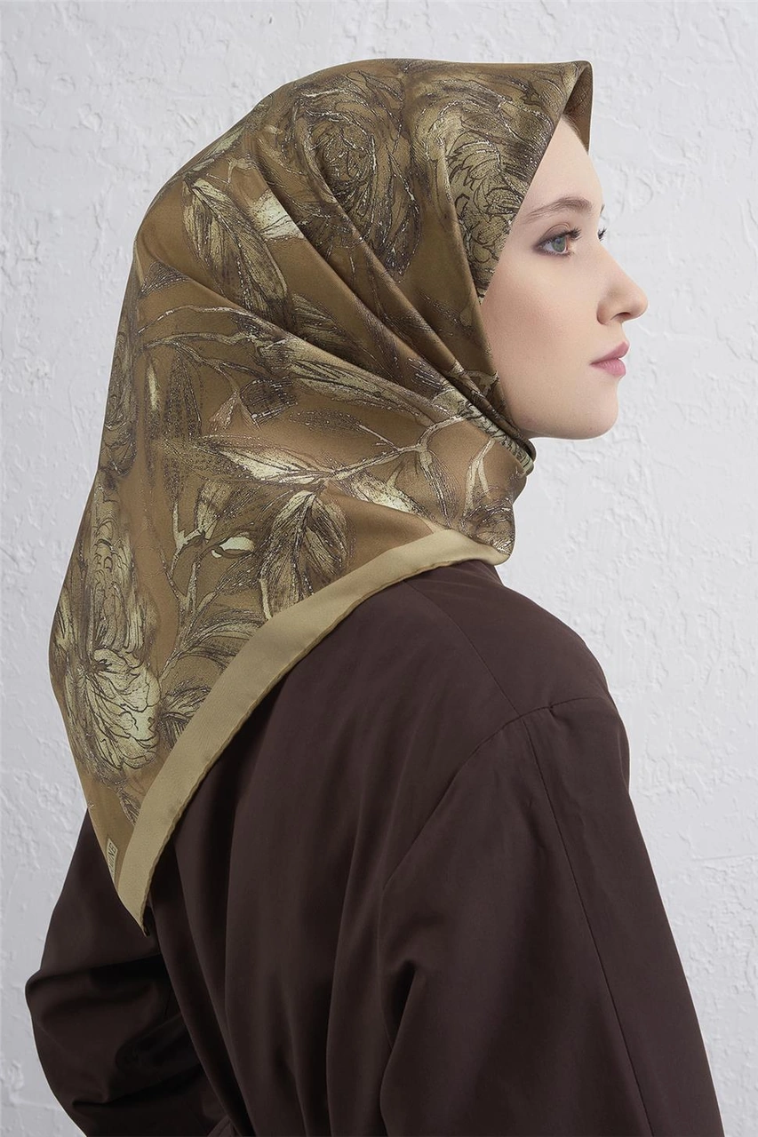 Armine Çiçek Desenli Saf İpek Twill Eşarp 9409d 06 Yeşil