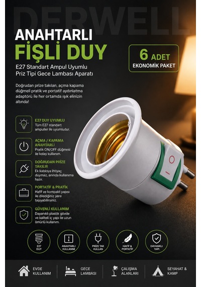 6 Adet Anahtarlı Fişli Duy E27 Standart Ampul Uyumlu Priz Tipi Gece Lambası Aparatı Doğrudan Priza Takılan Açma Kapama Düğmeli Portatif Pratik Duvar Aydınlatma Adaptörü, Beyaz Renk Ekonomik Plastik