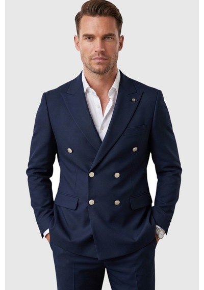 Deepsea Erkek Lacivert Slim Fit Kruvaze Takım Elbise Likralı Çizgili Dokulu Metal Düğmeli 2600820 Deepsea Erkek Lacivert Slim Fit Kruvaze Takım Elbise Likralı Çizgili Dokulu Metal Düğmeli 2600820