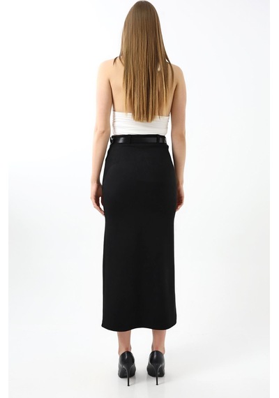Winmoda34 Kadın Uzun Kemerli 92cm Maxi Boy Yırtmaçlı Süet Etek Siyah