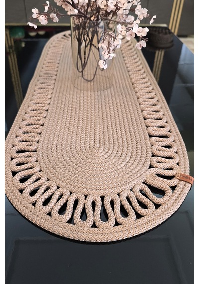 Dekoratif Örgülü 35x100 Cm Runner Şık Masa Orta Sehpa Üstü Dekoratif Sofra Aksesuarı Vizon