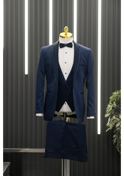 Regular Fit Armürlü Şal Yaka Yelekli Papyonlu Smokin Takım Elbise 001