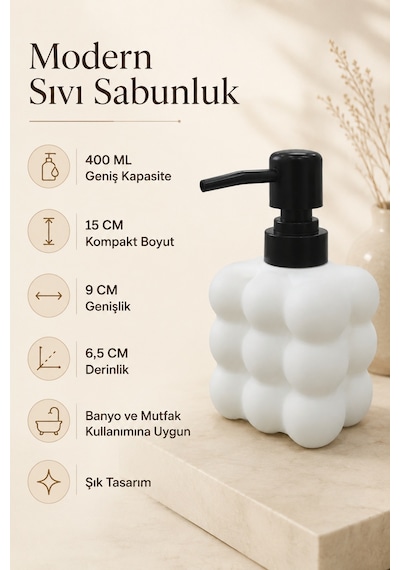 Modern Bubble Sıvı Sabunluk 400 Ml Siyah Pompalı Kabarcık Desenli Banyo Ve Mutfak Tezgâh Üstü Dispenser - 15 Cm X 9 Cm X 6,5 Cm Beyaz