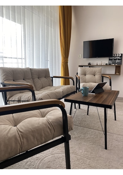 Modern Mars Balkon, Bahçe, Cafe - Salon - Metal Kanepe Koltuk Takımı - 2+1+1 + Sehpa Krem Modernsh55 Krem