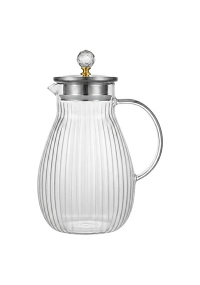Büyük Boy Borosilikat Tasarım Cam Sürahi,1800 Ml,metal Süzgeç Kapaklı,su,limonata,detoks,çay Sürahisi-taşlı Model