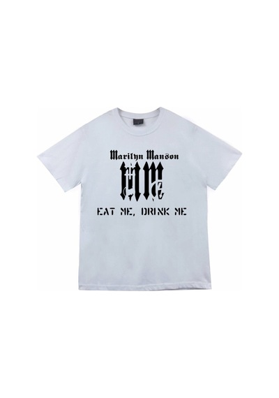 Marilyn Manson Baskılı Unisex %100 Pamuk Beyaz T-shirt SIYAH