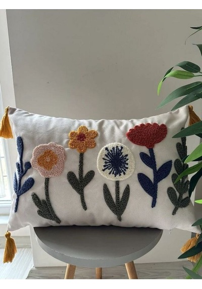 Tekli Punch İşlemeli Çiçekli Flowers Pançlı Nakışlı Dekoratif Kırlent Kılıfı 35x50 Kırmızı Bej