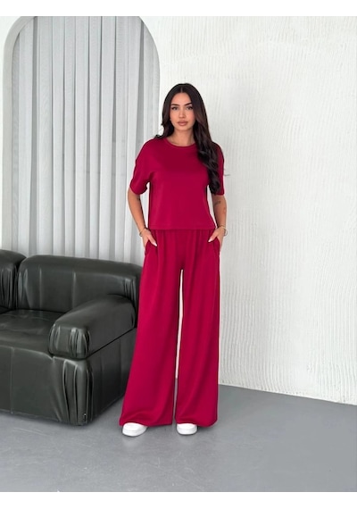 Freedom Storee Kadın Osy Modal Yumuşak Dokulu Kumaş Bisiklet Yaka T-shirt Bol Paça Pantolon İkili Takım -bordo Çok Renkli