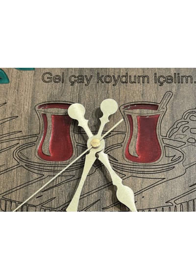 Ahşap Desen Duvar Saati - Gel Çay Koydum - Epoksi Reçine Kaplamalı - 40 Cm Ahşap