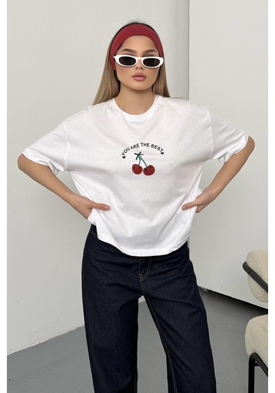 Giysa Kadın Kiraz Baskılı Pamuklu T-shirt Beyaz - 26y 26519