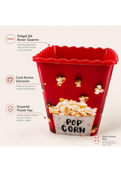 2 Li Popcorn Kovası, Kırmızı Plastik Mısır Kovası Seti, Sinema Gecesi Atıştırmalık Sunum Kabı,