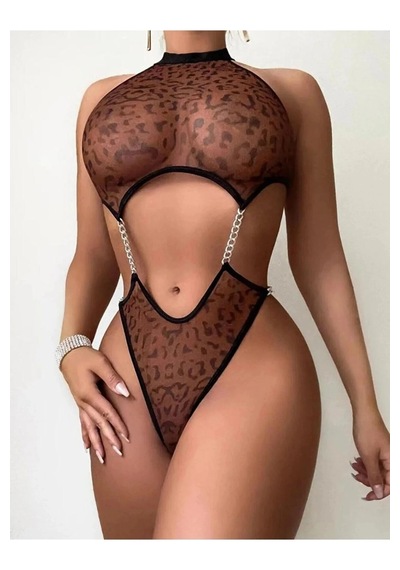 Dmrtart Kadın Leopar Desen Zincirli Kahverengi Babydoll