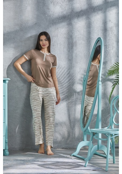 Lılac Kadın Zebra Desenli Düğmeli Pijama Takımı Kahverengi Kahverengi
