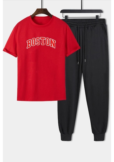 Uyguntarz Unisex Boston Baskılı 2'li Eşofman Takımı Kırmızı
