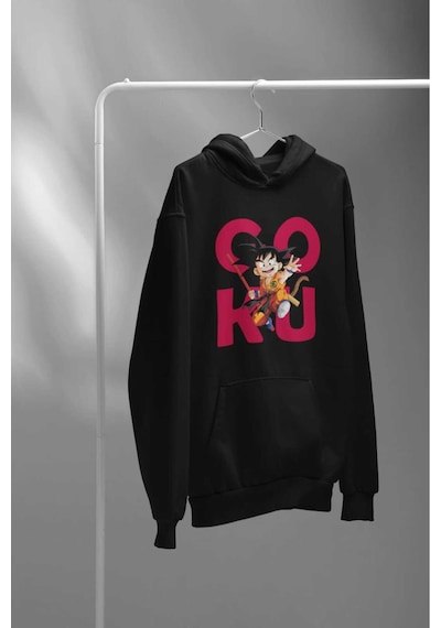 Magors Stıl-x Goku Baskılı, Pamuklu, Kapüşonlu, Oversıze Unısex Sweatshırt Siyah
