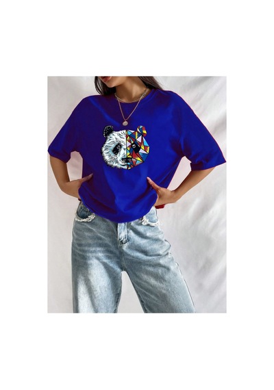 Medinenur Unisex Panda Baskılı T-shirt Mavi