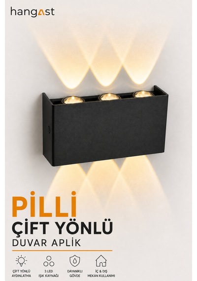 Pilli Gün Işığı 12w 3 Led Çift Yönlü Siyah Duvar Aplik Dekoratif Led Aydınlatma İç Dış Mekan Siyah