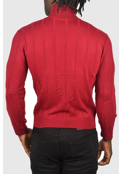 Deepsea Erkek Bordo Slim Fit Likralı Tam Balıkçı Yaka Çizgili Boğazlı Kazak 2505504 Bordo
