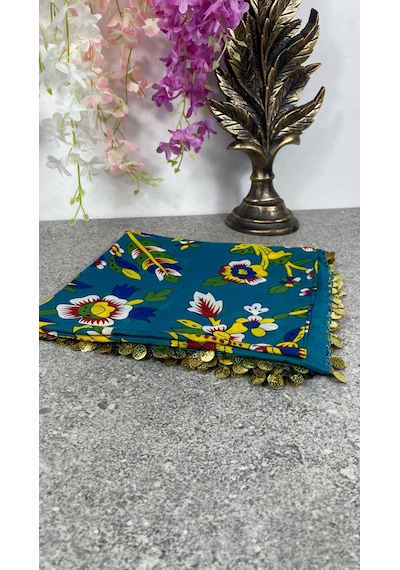 Çengelköy Desenli Pullu Yazma 100x100 Cm Etnik Çiçekli Başörtüsü Çeyizlik Ve Günlük Turkuaz-Çok Renkli