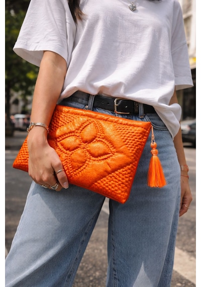 Ky Atelier Turuncu Kapitone Portföy Çanta- El Yapımı Clutch- Abiye & Günlük Kullanım- Şık Kadın Çanta