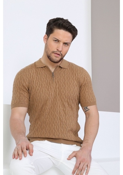 Ferraro Camel Polo Yaka Fermuarlı Erkek Pamuk Triko T-Shirt-Kahverengi (417942562) Kahverengi