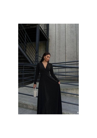 DefyModa Kadın Krep Kumaş Kruvaze Yaka Yırtmaçlı Maxi Abiye Elbise Siyah