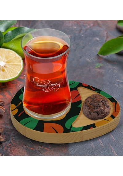 Kişiye Özel Yapraklar Tasarımlı Doğal Ahşap Tabaklı Heybeli Çay Bardağı Sunum Seti Model 7 Çok Renkli