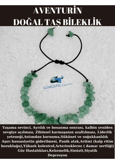 Gümüştel El Sanatları Sertifikalı Doğal Kırık Taş Aventurin Taşı Bileklik Asansörlü Kilit Sistemi Yeşil