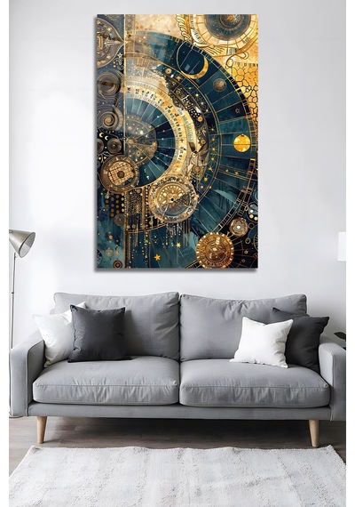 Astronomi Ve Zaman Altın Mavi Kozmik Cam Tablo Modern Sanat Tablosu Uv Baskılı Canlı Renkler Yatak Odası Ve Antre Anlamlı Hediye Seçeneği