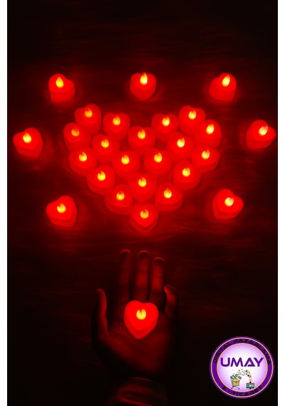 7 Adet Kırmızı Kalpli Ledli Mum, Tealight Mum Pilli, Led Işıklı, Kutlama, Doğum Günü, Kına, Düğün
