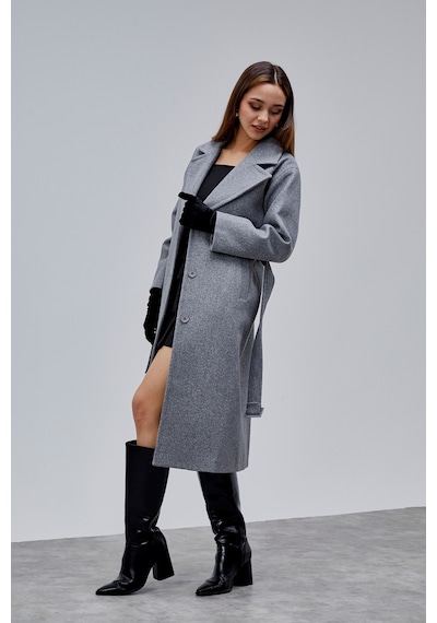 Gri Premium Oversize Kemerli Kaşe Kaban Gri