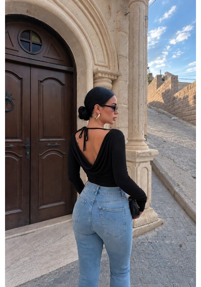 Evoa Kadın Siyah Sırt Dekolteli Kayık Yaka Çıtçıtlı Body Siyah Siyah