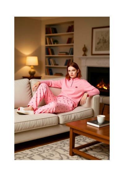 Ersefa Kadın Kiraz Desenli Fermuarlı Waffle Pijama Takımı Uzun Kollu Fon Pembe