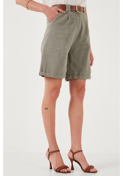 Lela Pamuklu Relaxed Fit Yüksel Bel Kemerli Gabardin Short Bayan Şort 668Yp4710 Açık Haki