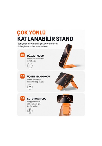 Magsafe Cüzdan Kartlık Güçlü Manyetik Standlı Telefon Kartlığı İphone Uyumlu Deri Cüzdan Turuncu