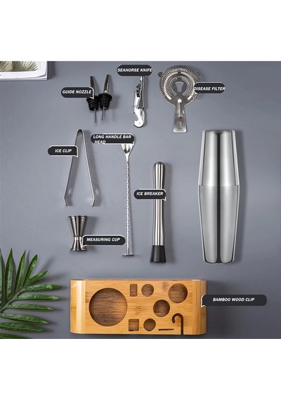 10 Parça Ahşap Standlı Boston Shaker Kokteyl Seti, Metal Malzeme İle Modern Tasarım 750 Ml