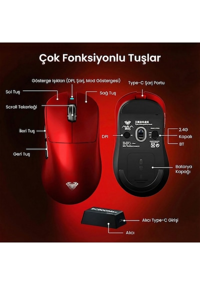 Aula Sc900 Max Paw3395 Sensör 30000 Dpı 8000hz Kablolu Ve Kablosuz Gaming Oyuncu Mouse Kırmızı Sc900-mxrd