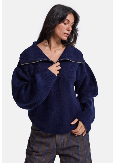 Kadın Lacivert W6-56 Oversize Fermuarlı Triko Kazak V