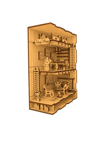 Mouse House Diorama Book Nook Ahşap Maket Seti Dıy Miniatür Fare Evi Peri Led'li Kitaplık Dekoru