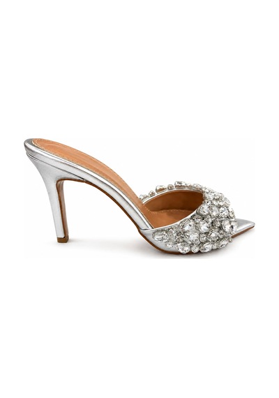 Papucumun Dünyası Kadın Gümüş Kristal Taşlı Sivri Burun Stiletto Mule Beyaz