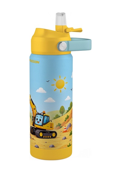 Puccon 540 Ml İş Makinesi Baskılı Sarı - Mavi Erkek Çocuk Pipetli Çelik Termos Matara/suluk - 60046
