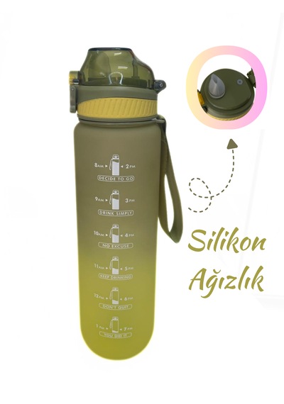 1000 Ml Plastik Motivasyon Matarası Pipetli, Kilitli Ve Taşıma Kulplu Yeşil - Koyu Yeşil