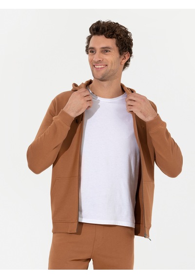 Camel %100 Pamuk Tam Fermuarlı Kapüşonlu Sweatshirt Kahverengi